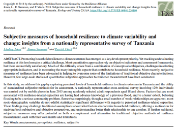 Study of subjective household resilience in Tanzania